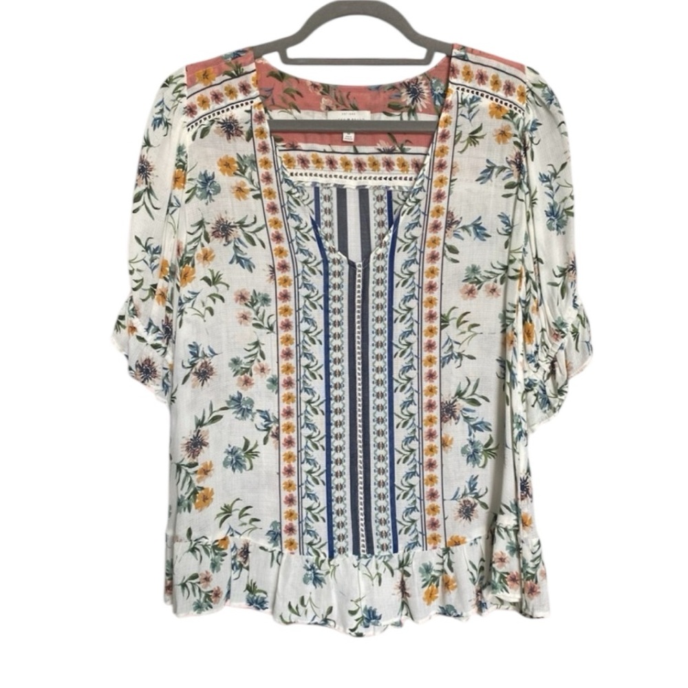 Lucky Brand Womens Floral Print Flowy Short Sleeve Ruffle Top Size Medium